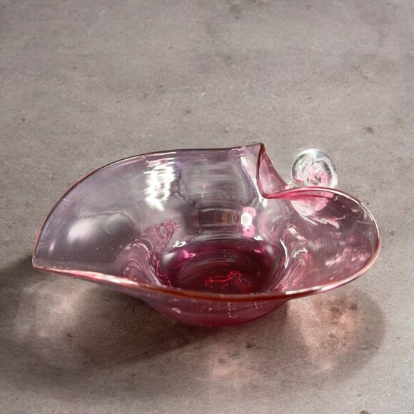 Pilgrim Heart Shaped Nappy Handle Cranberry Glass Dish Hand Blown Glass W Handle - Picture 2 of 16